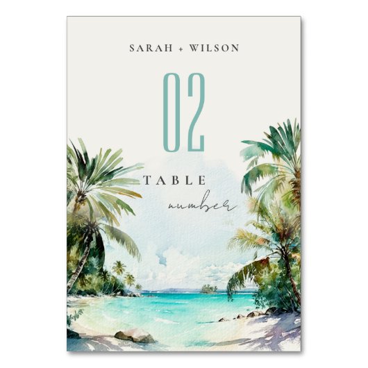 Numéro De Table Sable Tropical Beach Aquarelle Palm Trees Mariage (Dos)