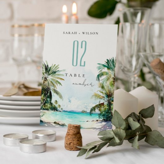 Numéro De Table Sable Tropical Beach Aquarelle Palm Trees Mariage