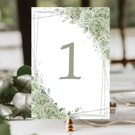 Numéro De Table Sage Green Floral Argent Anniversaire Quinceañera