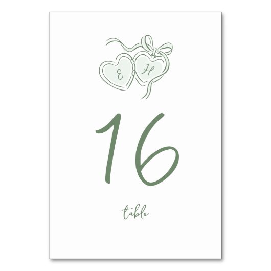 Numéro De Table Sage Hand Drawn Hearts Monogram Whimsical Wedding (Par défaut)