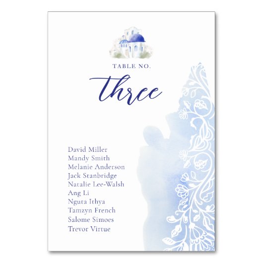 Numéro De Table Santorini Grèce Paysage Mariage d'aquarelle bleu (Dos)