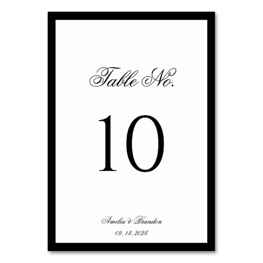 Numéro De Table Script classique formel Mariage noir et blanc (Dos)