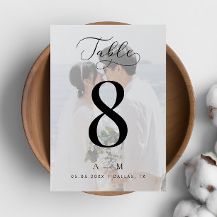 Numéro De Table Script délicat blanc façade photo Mariage Monogram