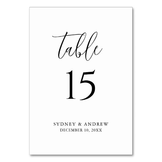 Numéro De Table Script élégant moderne Mariage noir et blanc (Dos)