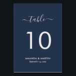 Numéro De Table Script moderne bleu marine et argent<br><div class="desc">Carte de numéro de table marine bleu et argent mariage personnalisées avec une police de script moderne. Éléments correspondants disponibles.</div>