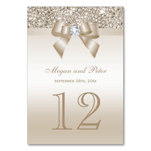 Numéro De Table Séquins de Champagne Bow Mariage Table Numéro Cart (Dos)
