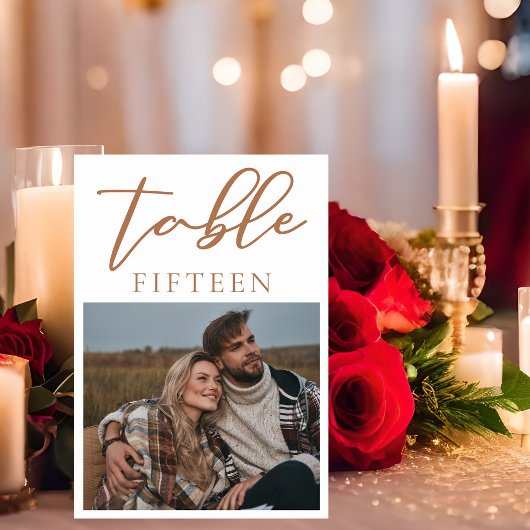 Numéro De Table Sienna Brown Script Couple Photo Mariage été