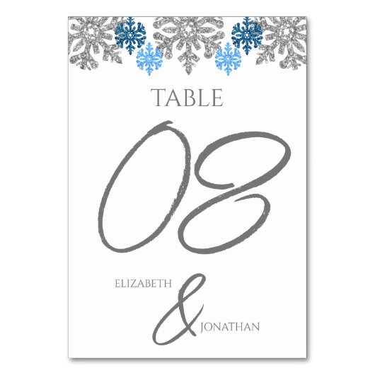 Numéro De Table Silver Blue Snowflakes Mariage d'hiver (Dos)
