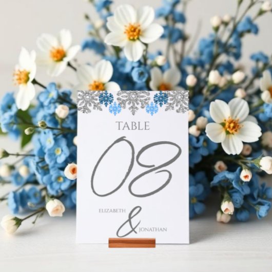 Numéro De Table Silver Blue Snowflakes Mariage d'hiver