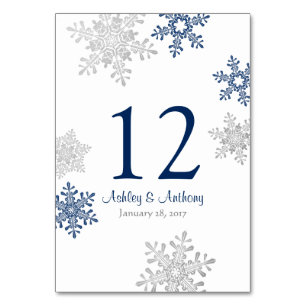 Numéro De Table Silver Navy Blue White Snowflakes Mariage d'hiver