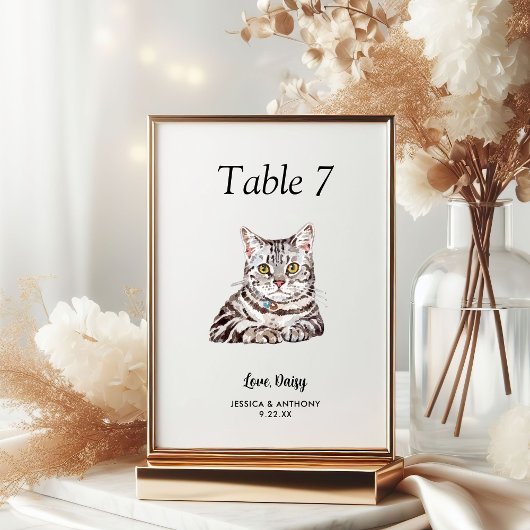 Numéro De Table Simple Aquarelle Moderne Chat Mariage