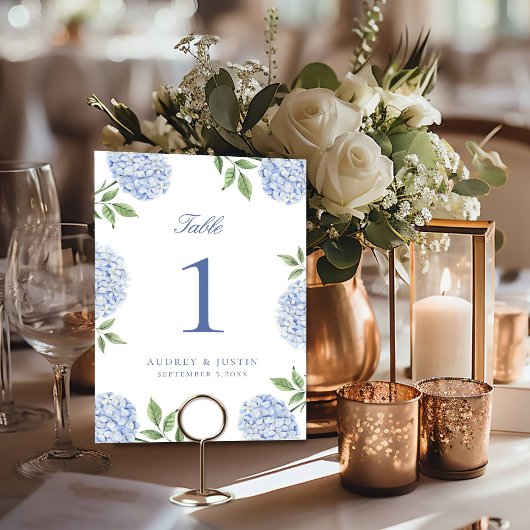 Numéro De Table Simple Fleur de Mariage d'Hortensia Bleu