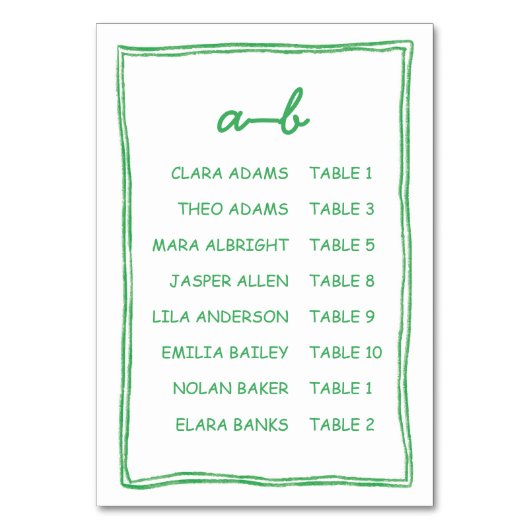 Numéro De Table Simple Green Doodle Wedding Seating Chart Card (Par défaut)