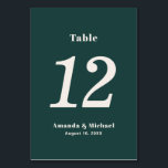 Numéro De Table Simple Mariage minimaliste Emerald Green<br><div class="desc">Avec un style minimaliste simple et une légère touche rétro, ce numéro de table mariage en vert émeraude populaire avec des lettres beiges écru se répète de part et d'autre de la carte. Personnalisez avec le nom de la mariée et du marié et la date du mariage. Créez une carte...</div>