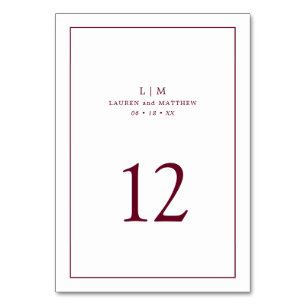 Numéro De Table Simple Monogramme de Bourgogne Élégant Mariage