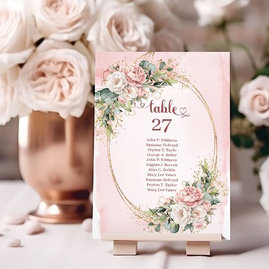 Numéro De Table Soft Blush Pink Flowers Gold Glitter Table Number