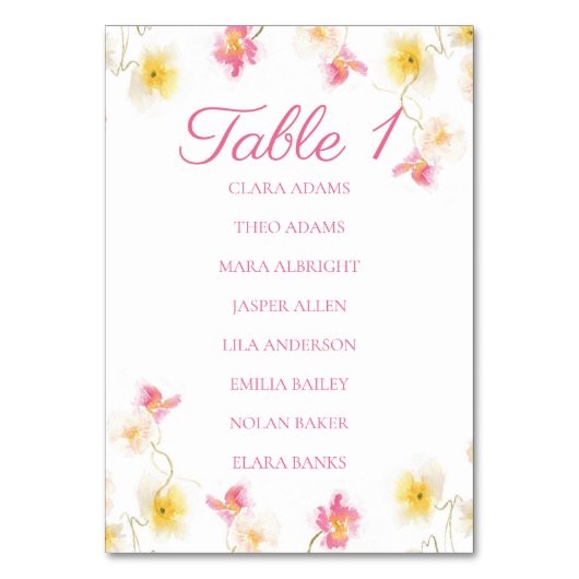 Numéro De Table Soft Pink Floral Wedding Seating Chart Card (Par défaut)