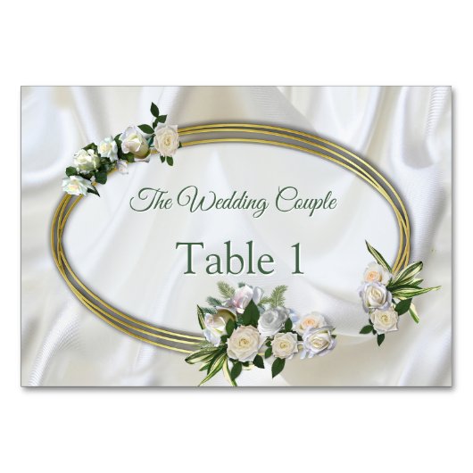 Numéro De Table Soie blanche luxueuse et fluide et roses blanches. (Devant)