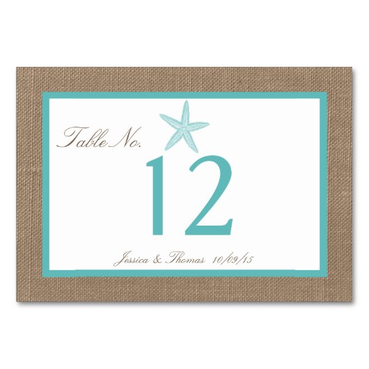 Numéro De Table Starfish Turquoise Burlap Beach Wedding Collection (Devant)