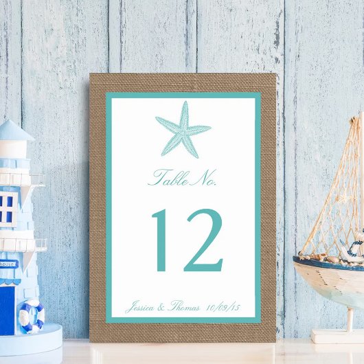 Numéro De Table Starfish Turquoise Burlap Beach Wedding Collection