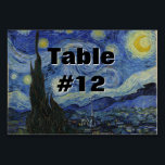 Numéro De Table Starry Night Vincent van Gogh Peinture<br><div class="desc">Ce magnifique design d'art montre le célèbre tableau du peintre post-impressionniste néerlandais Vincent van Gogh, "La nuit étoilée". Peint lors de son séjour à l'asile de Saint Rémy dans les années 1880, van Gogh dépeignait les collines ondulantes et les cyprès qu'il voyait depuis sa fenêtre. Il ajouta aussi le village,...</div>