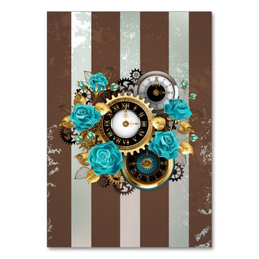Numéro De Table Steampunk Clock and Turquoise Roses on Striped (Par défaut)