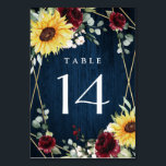 Numéro De Table Sunflower Bourgogne Rose Marine Mariage géométriqu<br><div class="desc">Le design présente un arrière - plan imprimé en bois bleu marine avec un cadre géométrique couleur or qui est décoré de roses rouges bordeaux,  éléments floraux rousses,  tournesols,  verdure et eucalyptus.</div>