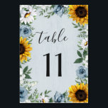 Numéro De Table Sunflower Dusty Blue Country Rustic Roses Wedding<br><div class="desc">Design features a dusty blue/gray wood grain background with a cruath made of sunflowers,  daisies,  roses in dusty blue shades,  baby's breath over various types of botanical color greenery elements.</div>