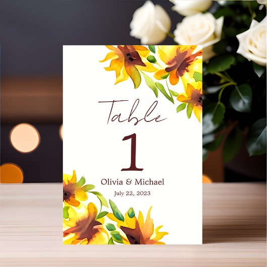 Numéro De Table Sunflower Elegant Aquarelle Mariage Numéro de tabl