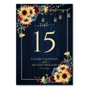 Numéro De Table Sunflower Navy Bleu Bourgogne Bois Mariage Floral