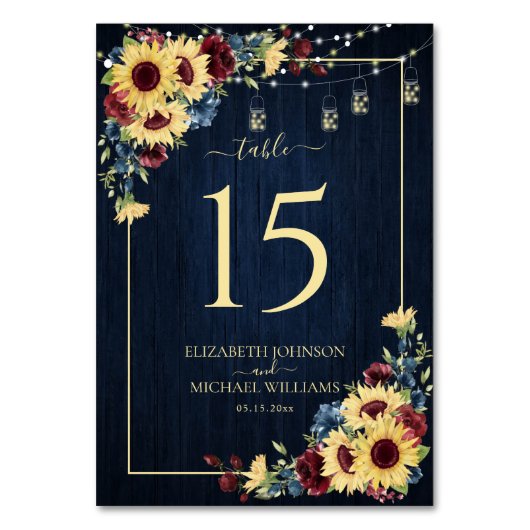 Numéro De Table Sunflower Navy Bleu Bourgogne Bois Mariage Floral (Par défaut)