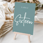 Numéro De Table Table à écriture manuscrite Turquoise Dusty SIXTEE<br><div class="desc">Des cartes numériques simples et chic en aqua turquoise poussiéreux et blanc font une déclaration élégante à votre mariage ou événement. Le design comporte "table [nombre]" dans un mélange de sérigraphie classique et de lettres manuscrites. Le design se répète de part et d'autre. Cartes numérotées individuellement vendues séparément; commandez chaque...</div>