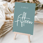 Numéro De Table Table à main Turquoise Dusty FIFTEEN<br><div class="desc">Des cartes numériques simples et chic en aqua turquoise poussiéreux et blanc font une déclaration élégante à votre mariage ou événement. Le design comporte "table [nombre]" dans un mélange de sérigraphie classique et de lettres manuscrites. Le design se répète de part et d'autre. Cartes numérotées individuellement vendues séparément; commandez chaque...</div>