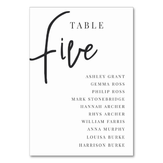 Numéro De Table Table à script manuel CINQ + Noms d'invités (Par défaut)