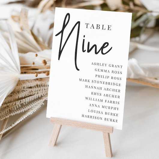 Numéro De Table Table manuscrite NINE + Noms des invités
