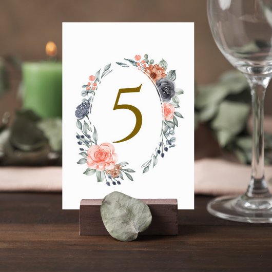 Numéro De Table Table Number Card with Soft Peach & Blue Flowers
