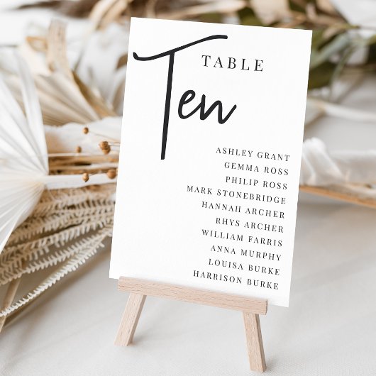 Numéro De Table Table TEN manuscrite + Noms des invités