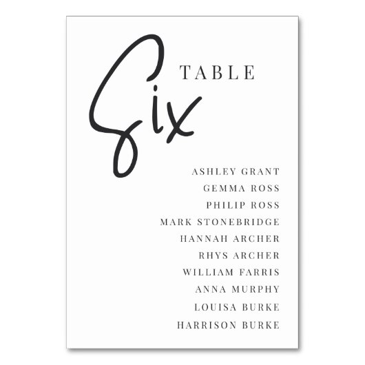 Numéro De Table Tableau à script manuel SIX + Noms des invités (Par défaut)