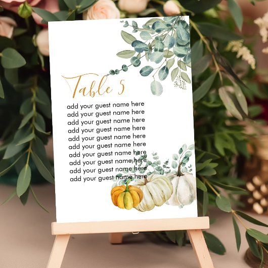 Numéro De Table Tableau de siège Automne Rustique Citrouille vert