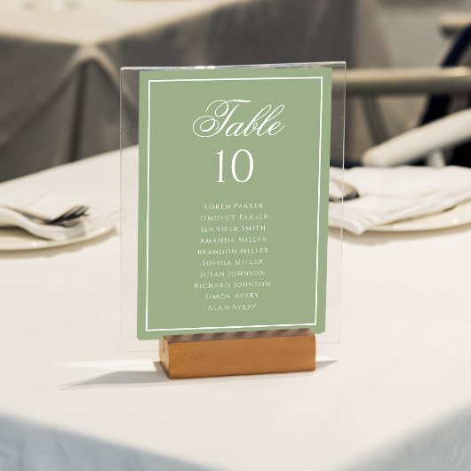 Numéro De Table Tableau de Siège de Mariage Classique Vert Sauge &