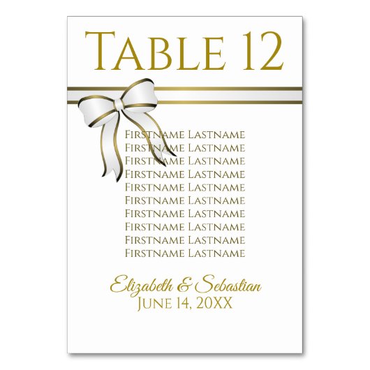Numéro De Table Tableau de siège du Mariage de ruban blanc et or (Dos)