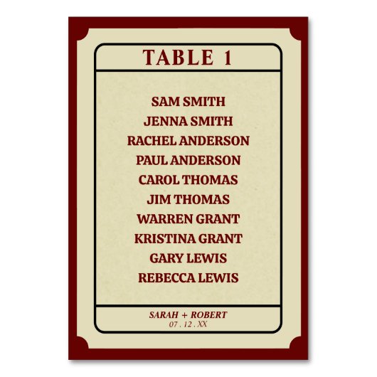 Numéro De Table Tableau de sièges du Mariage de Stub Retro (Par défaut)