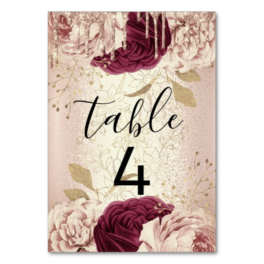 Numéro De Table Tableau numéro 4 Florals Rose Gold Marsala Bourgog (Dos)