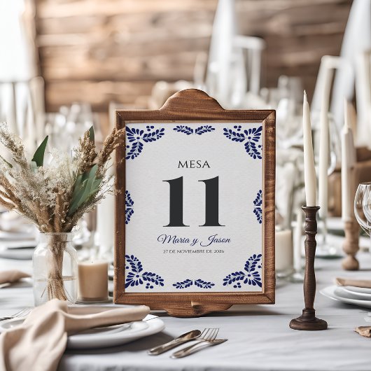 Numéro De Table Talavera Blue Floral Minimalist Spanish Wedding
