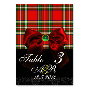 NUMÉRO DE TABLE TARTAN ÉCOSSAIS AVEC MONOGRAMME À RUBAN ROUGE