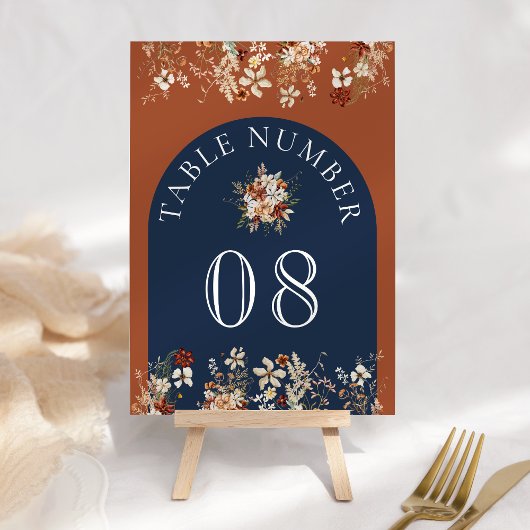 Numéro De Table Terracotta Floral Fleur sauvage Marine Mariage ble