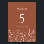 Numéro De Table Terracotta Rustic Floral Fall Wildflower Wedding<br><div class="desc">Add style to your reception tables with these terracotta floral table number cards. Featuring rustic wildflower artwork and elegant typography,  they’re perfect for autumn weddings. Easily customize the numbers to suit your seating arrangement.</div>
