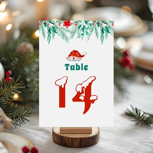 Numéro De Table Thème de chapeau de Père Noël à feuillage hivernal