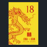 Numéro De Table Thème Dragon Double Bonheur | Rouge sur or<br><div class="desc">Un ensemble unique de cartes numériques de table sur mesure pour votre dragon et votre mariage à thème phoenix. Ils présentent un dragon stylisé ainsi qu'un symbole de double bonheur sur les noms du couple heureux et la date de leur événement mariage spécial.</div>