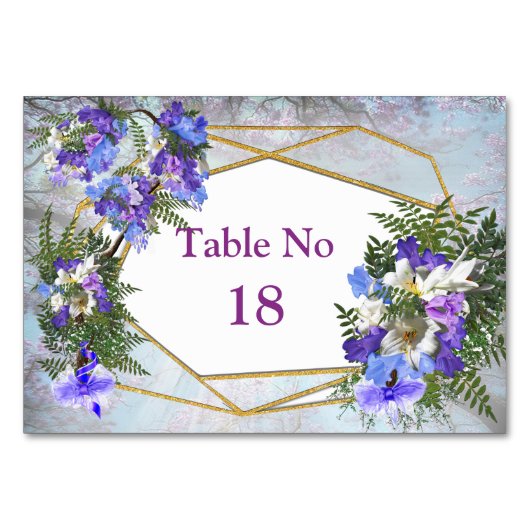 Numéro De Table Thème géométrique or et fleurs de jacaranda (Devant)